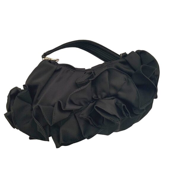 Karen Millen purse satin look fabrics with dust bag black ruffles evening purse - Picture 6 of 9
